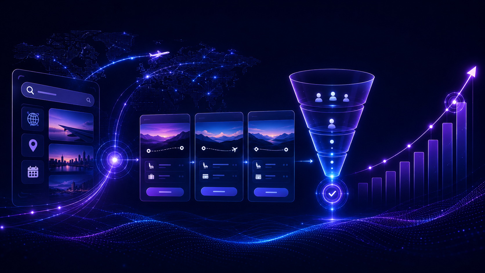 Abstract airline fare marketing interface connecting travel search demand, routes, destinations and booking paths. Airline SEO.