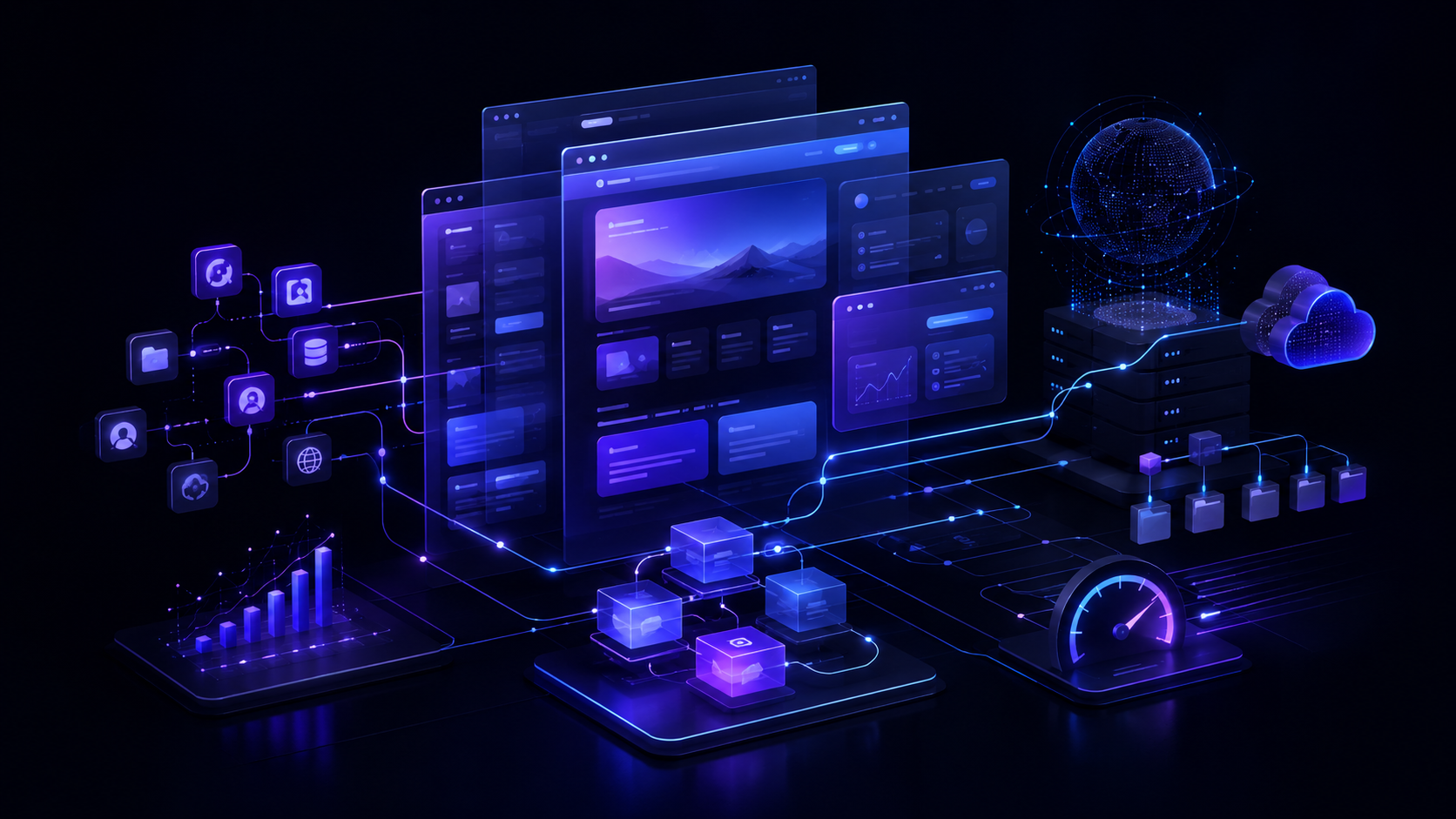 Enterprise web development architecture with scalable digital components and technical systems.